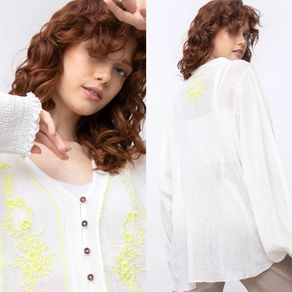 Free People balloon sleeve embroidered cardigan